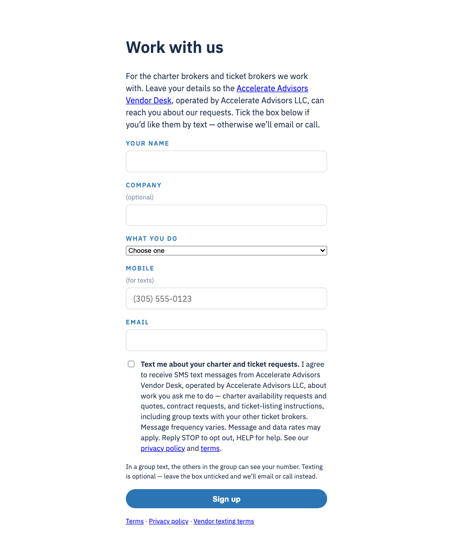 Screenshot of the vendor sign-up form's texting consent box